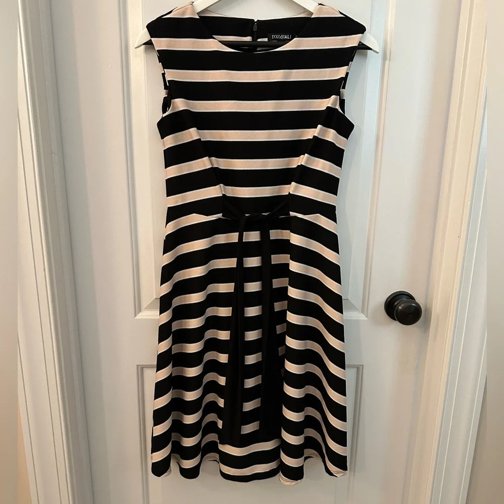 Roz & Ali Pink and Black Striped Dress Size 6P - Picture 1 of 8